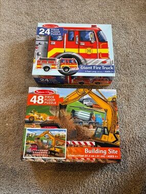 Set of 2 EUC Melissa & Doug Giant Floor Puzzles - Fire Truck & Building Site